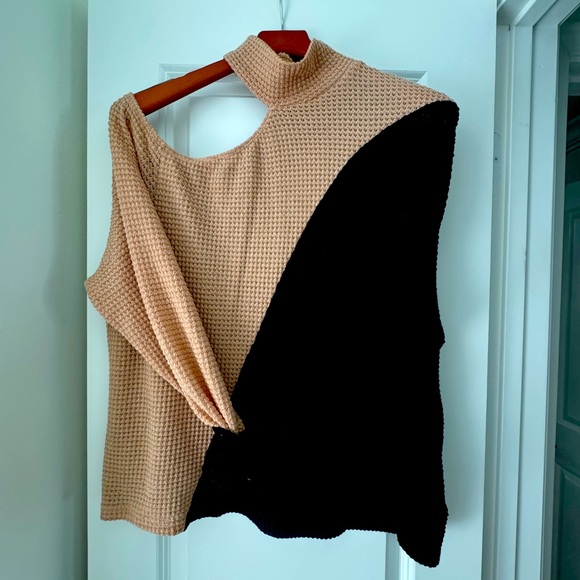 Asymmetrical off the shoulder LS waffle knit, 2 tone color sweater - Picture 2 of 5